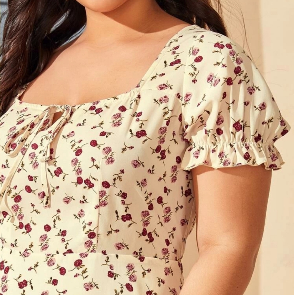 Shein floral dress tie neck cuffed sleeve - Picture 3 of 10